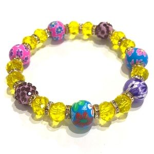 Beaded Bracelet Fimo Polymer Clay And Acrylic With Rhinestone Yellow
